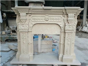 Beige Limestone Fireplace Mantels Hearth with Engraved Sculptures