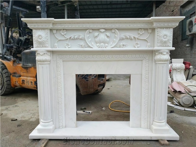 White Marble Flower Handcarved Fireplace Mantel / Fireplace Hearth