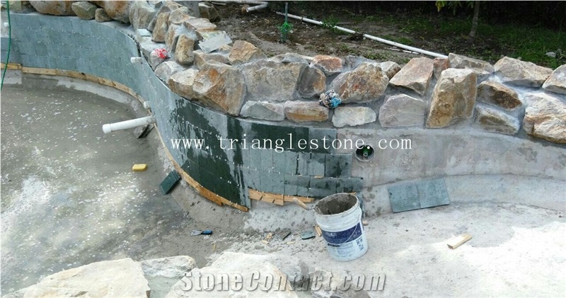 China Peacock Green Stone Tiles for Pool Paving
