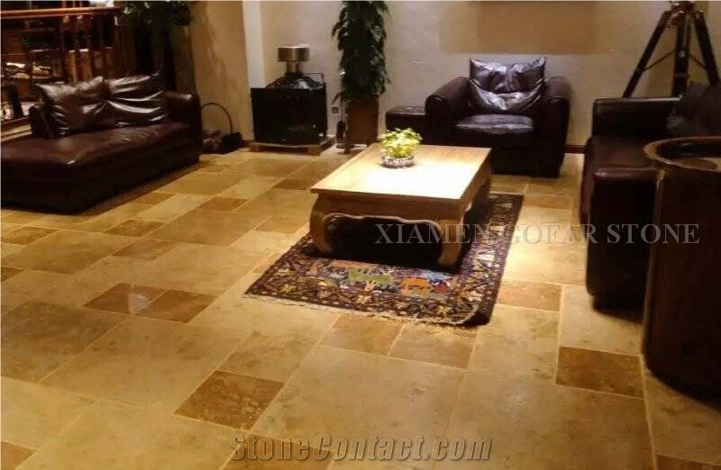 China Yellow Shangri La Travertine Honed Tiles, Interior Bathroom Wall Covering Gold Pattern Panel Project