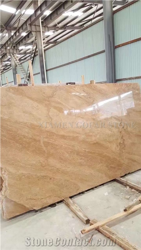 China Yellow Shangri La Travertine Honed Tiles, Interior Bathroom Wall Covering Gold Pattern Panel Project