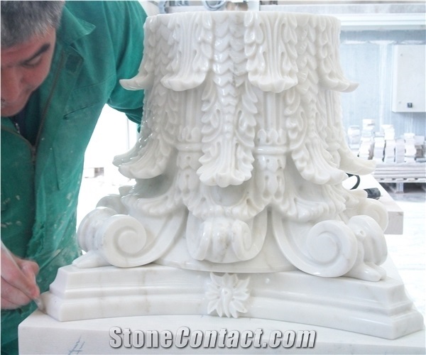 Marble Column Base, Top, Blanco Macael White Marble Column