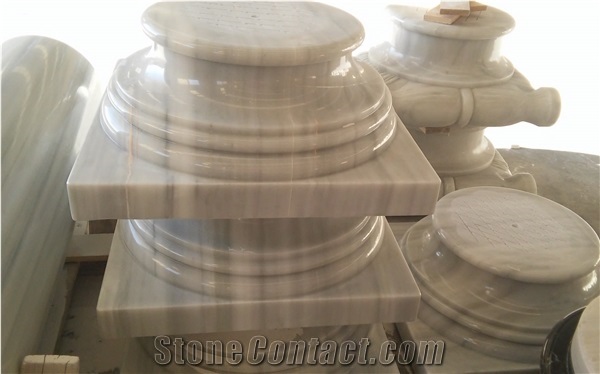 Marble Column Base, Top, Blanco Macael White Marble Column