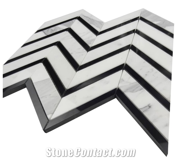White and Black Marble Mosaic Tiles,Chevron,Kitchen Back Splash,Leiyan