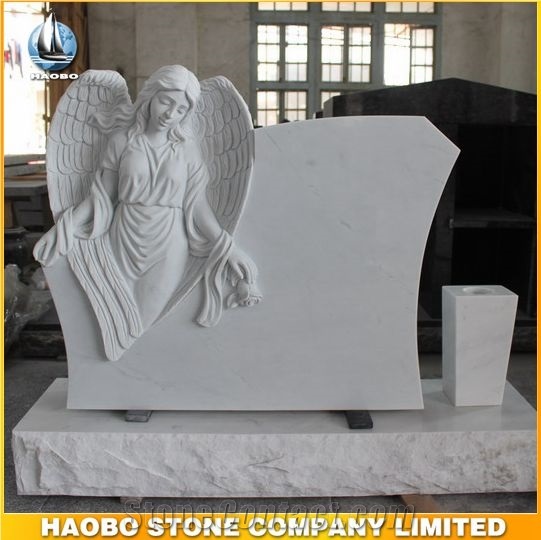 High Quality White Marble Monument with Angel Statue Carved Headstone