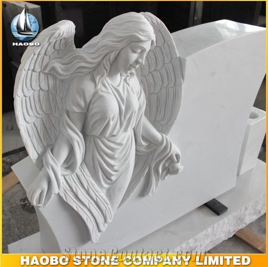 High Quality White Marble Monument with Angel Statue Carved Headstone