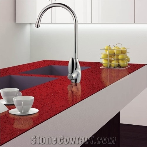 Red Polished Chinese Sparkle Artificial Quartz Stone