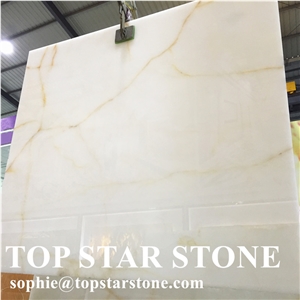 Translucent Iran Snow White Onyx Slab,Backlit Golden White Onyx Tile