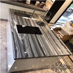 Bookmatch Dark Blue Grey & Black Wood Vein Marble Slab