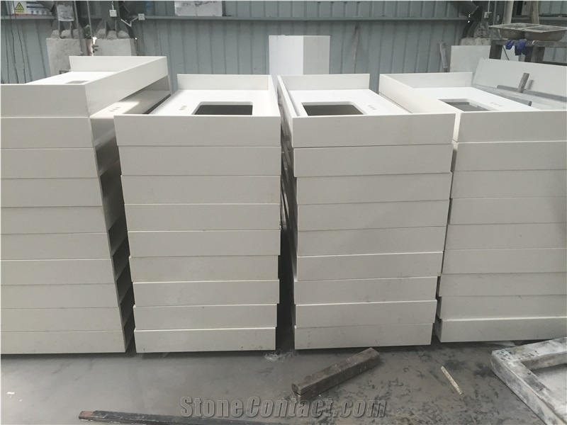 White Quartz with Miter Edge-P008 Countertops
