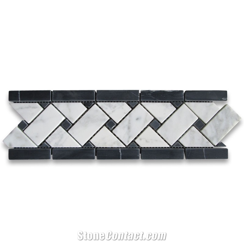Black Dots Honed Carrara Marble 4x12 Basketweave Mosaic Border