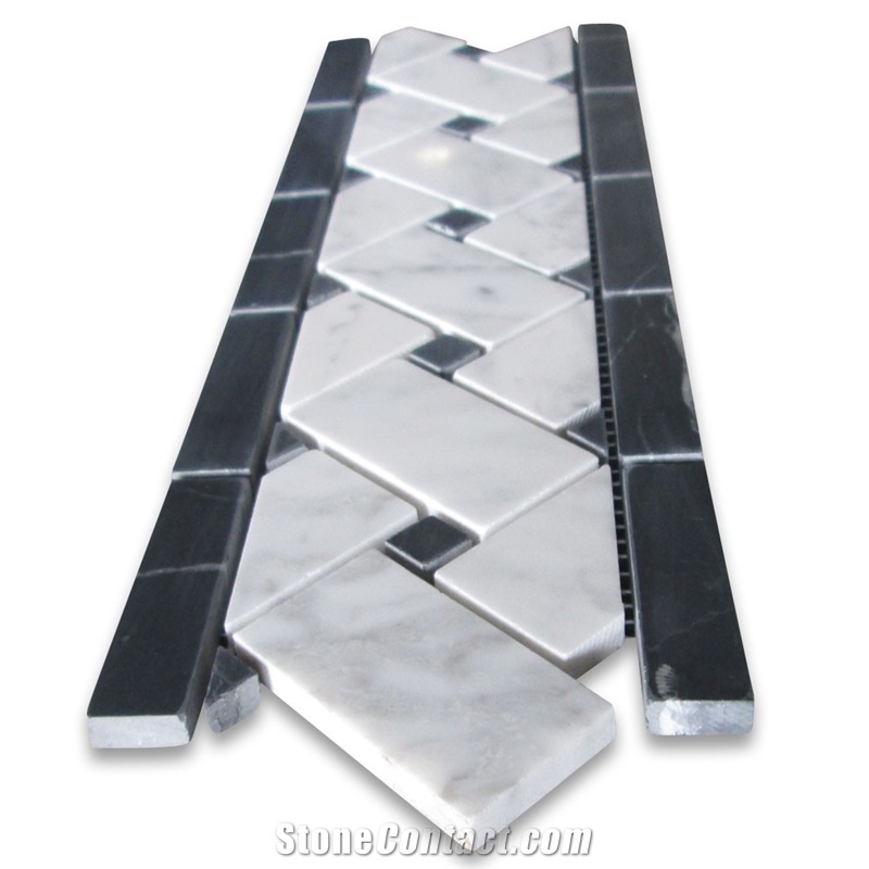 Black Dots Honed Carrara Marble 4x12 Basketweave Mosaic Border