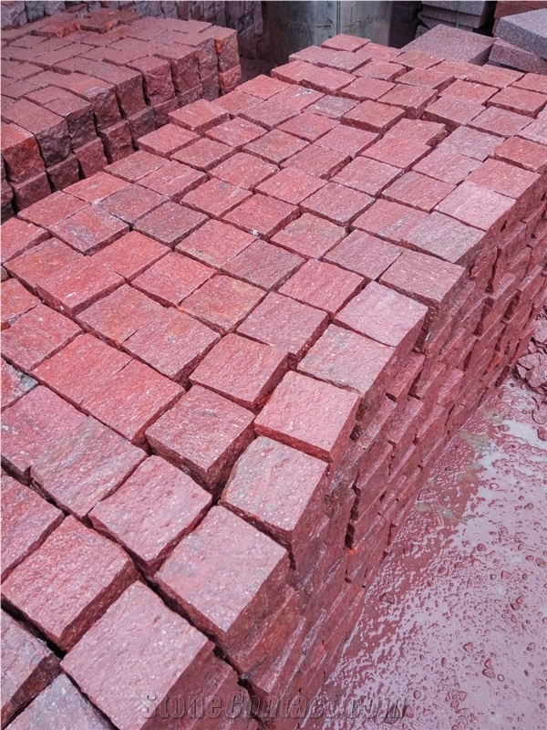 G666 Red Porphyry Paving Cubes Flamed