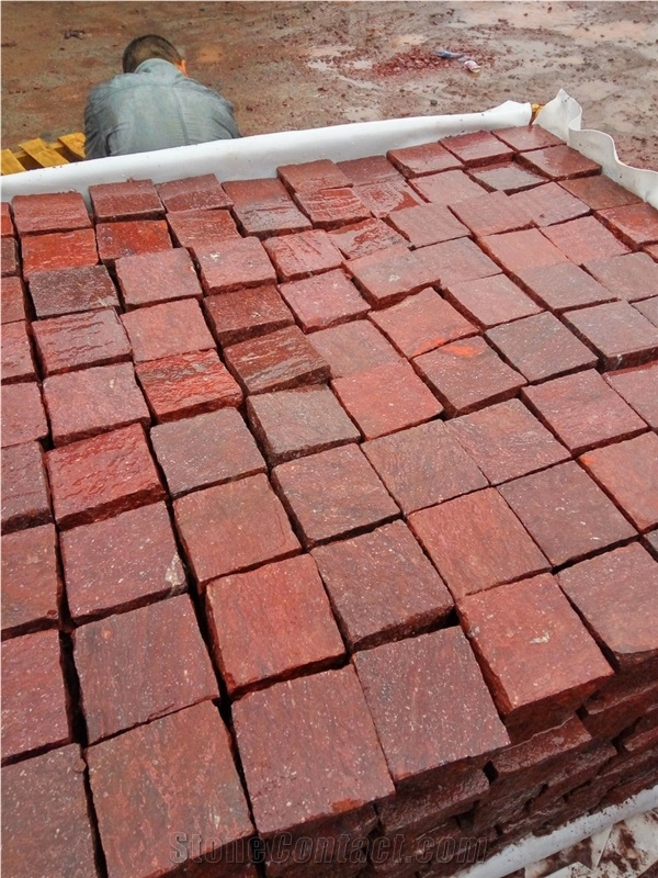 G666 Red Porphyry Paving Cubes Flamed