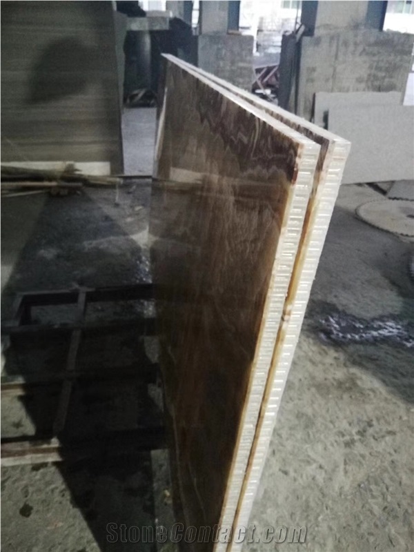 Orange Yellow Wood Onyx Backed Honeycomb Tile Slab