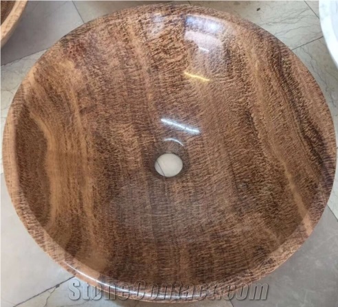 Yellow Wooden Vein Marble Round Drop-In Wash Basin