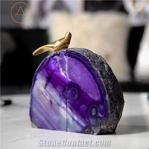 Dark Purple Stripes Grey Agate Geode Bookends
