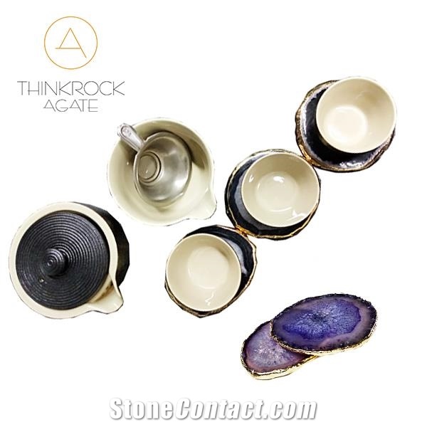 Gold Surround Purple Agate Coasters Cup Mat