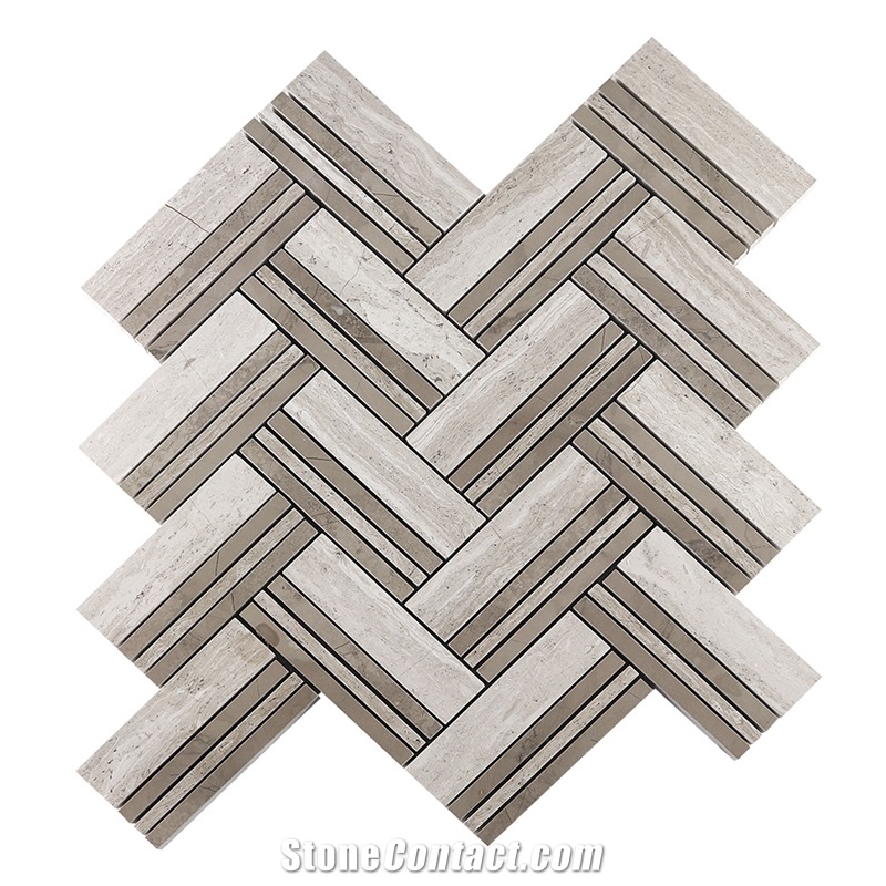 White Oak Blend Herringbone Marble Mosaic Tile