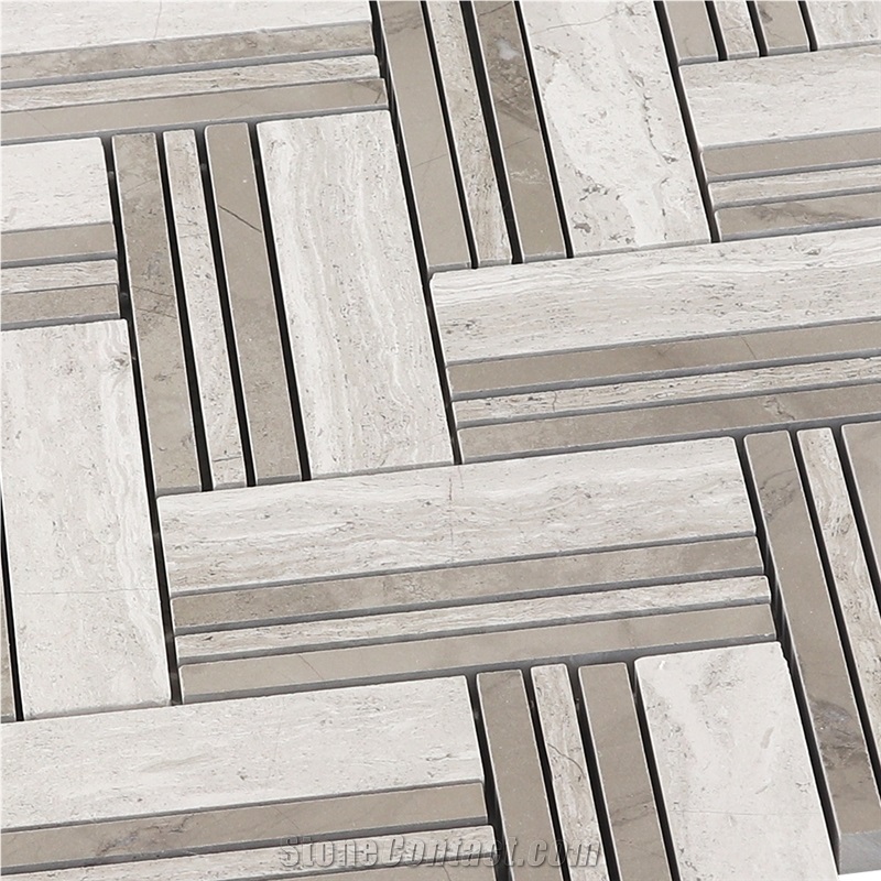 White Oak Blend Herringbone Marble Mosaic Tile