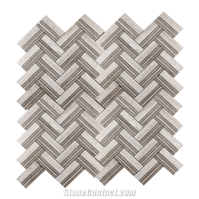 White Oak Blend Herringbone Marble Mosaic Tile