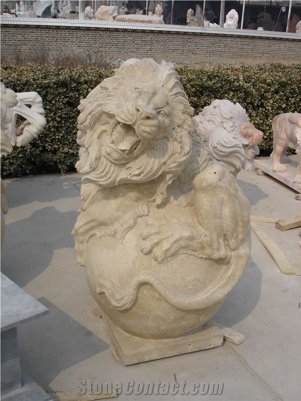 Travertine Guardian Lion Statue Animal Sculpture