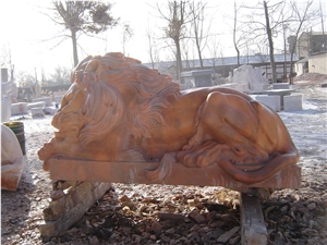 Travertine Guardian Lion Statue Animal Sculpture