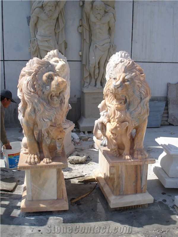Travertine Guardian Lion Statue Animal Sculpture
