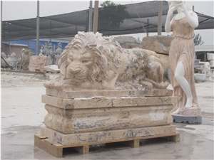 Travertine Guardian Lion Statue Animal Sculpture