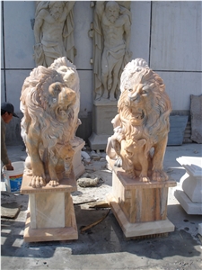 Travertine Guardian Lion Statue Animal Sculpture