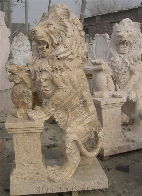 Travertine Guardian Lion Statue Animal Sculpture