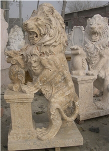 Travertine Guardian Lion Statue Animal Sculpture