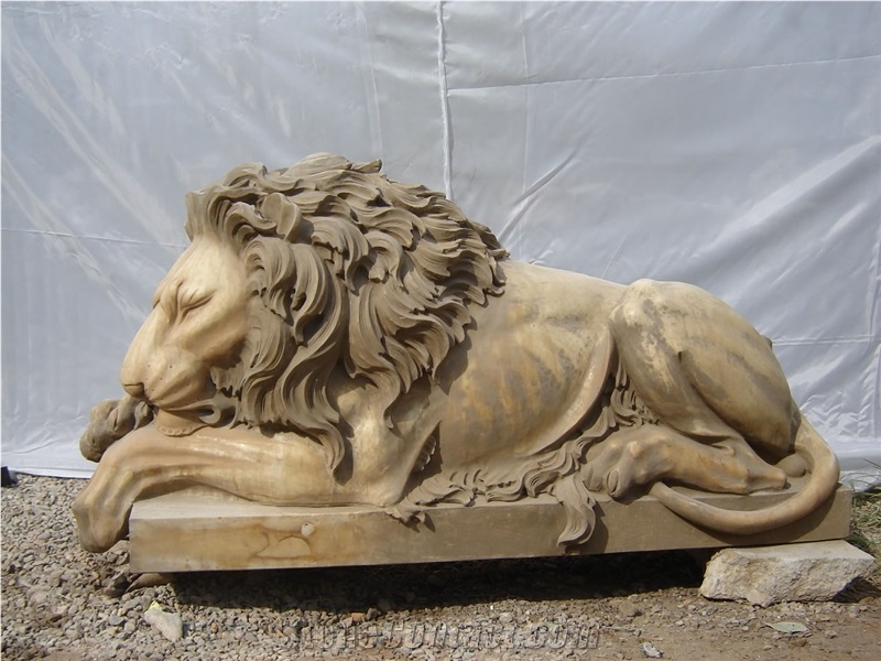 Travertine Guardian Lion Statue Animal Sculpture
