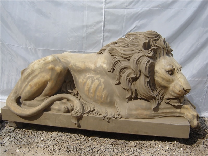 Travertine Guardian Lion Statue Animal Sculpture