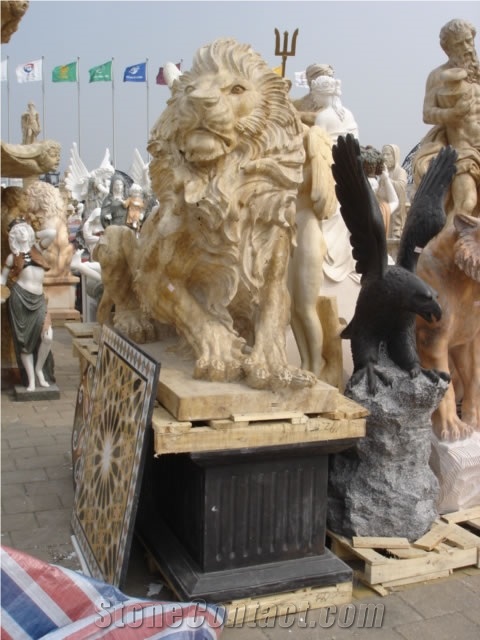 Travertine Guardian Lion Statue Animal Sculpture
