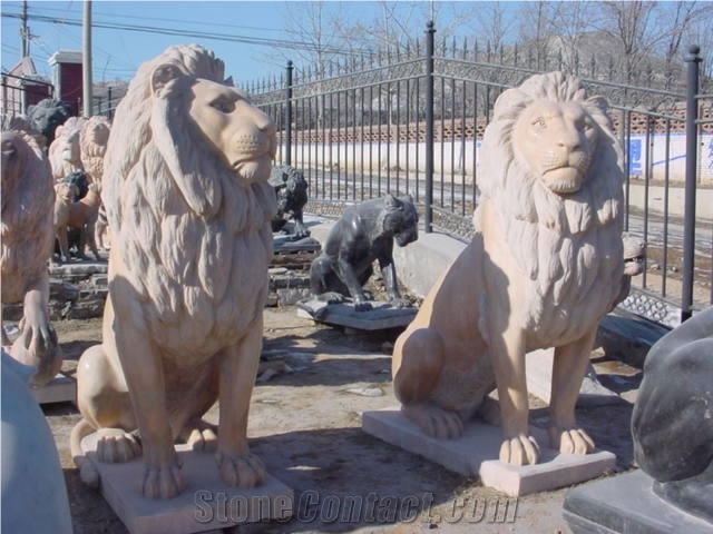 Travertine Guardian Lion Statue Animal Sculpture