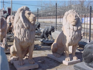 Travertine Guardian Lion Statue Animal Sculpture