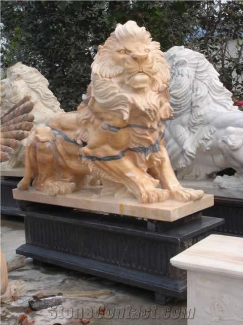 Travertine Guardian Lion Statue Animal Sculpture