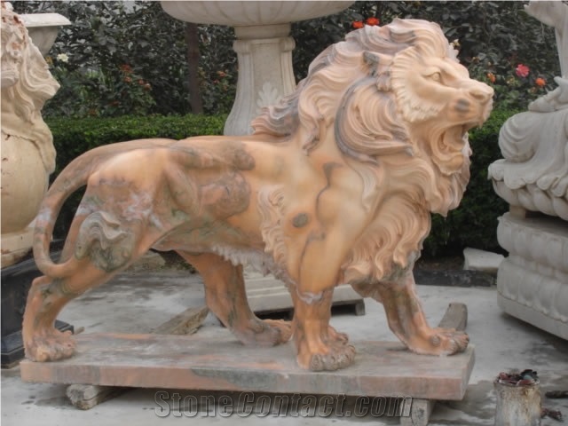 Travertine Guardian Lion Statue Animal Sculpture
