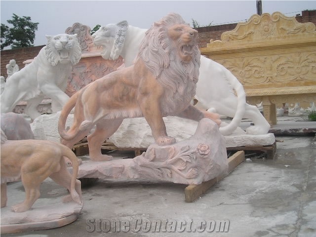 Travertine Guardian Lion Statue Animal Sculpture