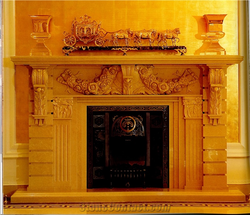 Beige Marble Fireplace Handcarved Customized