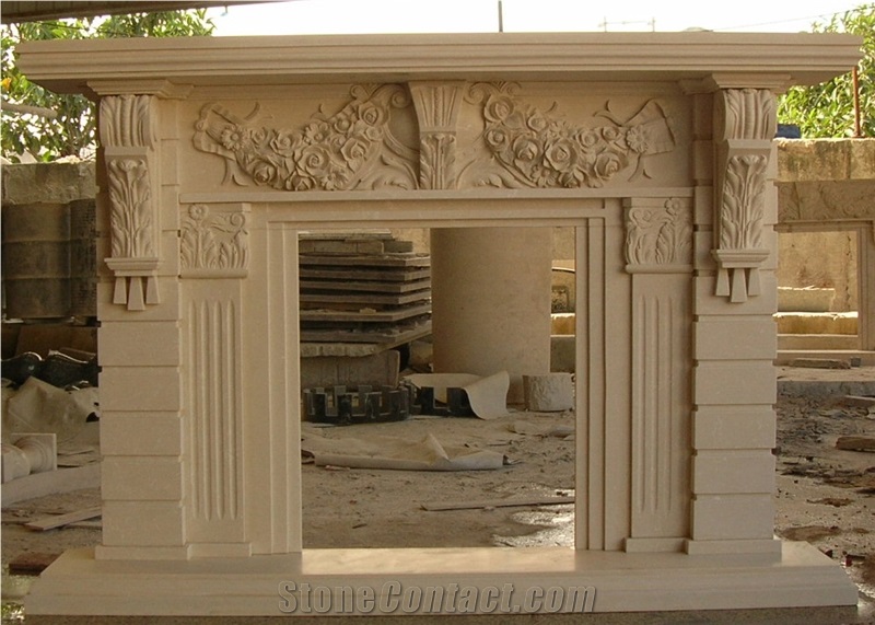 Beige Marble Fireplace Handcarved Customized