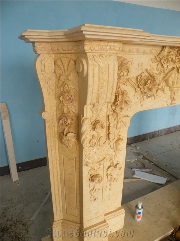 Beige Marble Fireplace Handcarved Customized