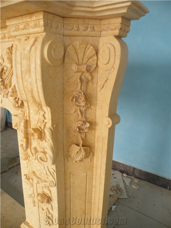 Beige Marble Fireplace Handcarved Customized