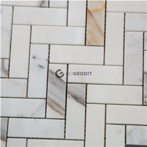 Calacatta Gold Herringbone 1x3 Marble Mosaic