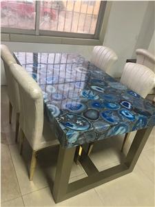 Blue Agate Semiprecious Stone Round Table