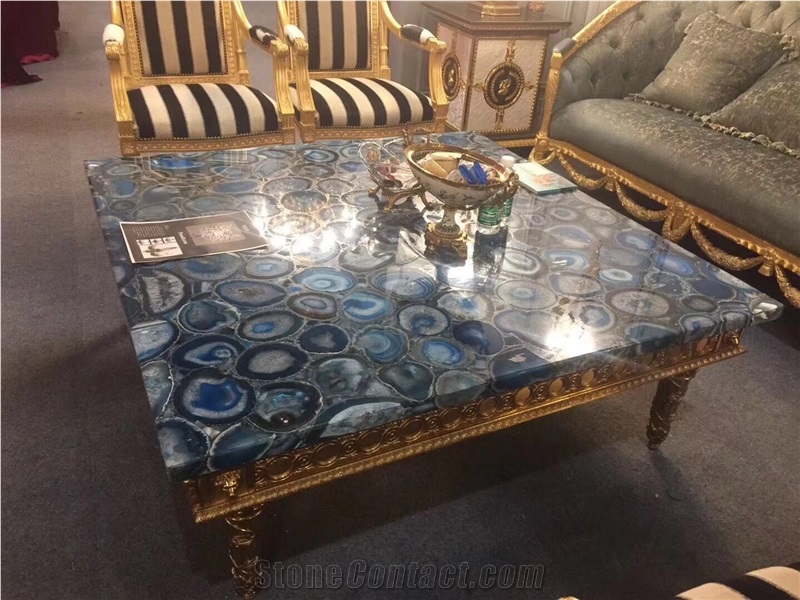 Blue Agate Semiprecious Stone Round Table