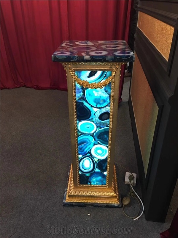 Blue Agate Semiprecious Stone Round Table