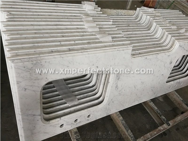 Ogee Edge Carrara White Marble Double Sink Bathroom Tops