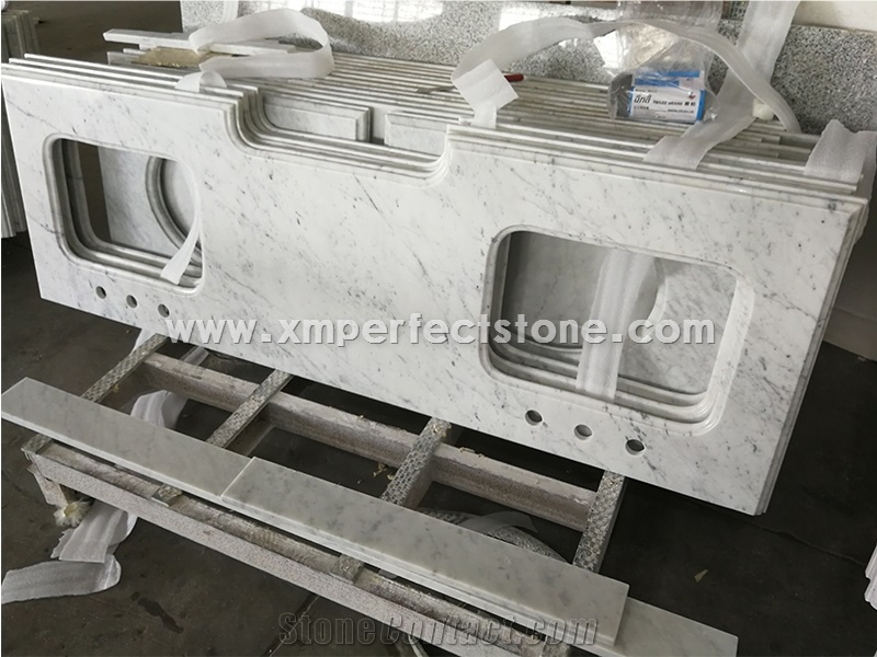 Ogee Edge Carrara White Marble Double Sink Bathroom Tops